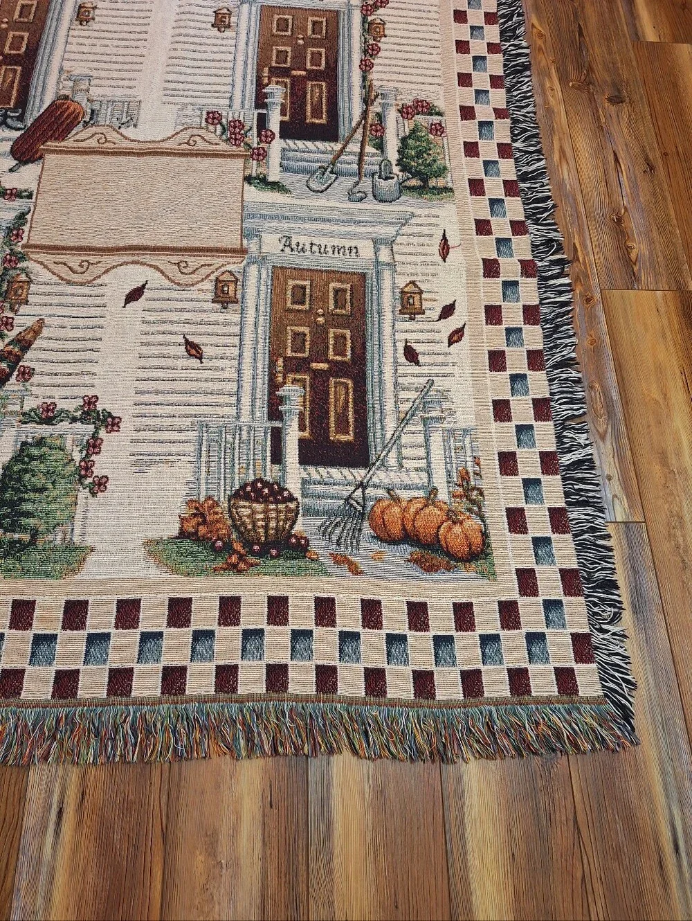 Vtg Four Seasons Woven Tapestry Throw Blanket With Fringe 50x60 Country Cottage